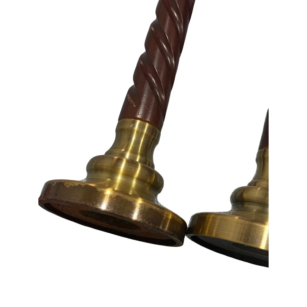 Vintage Brass and Barley Twist Wood Taper Candlestick Holders Pair 9 Inch